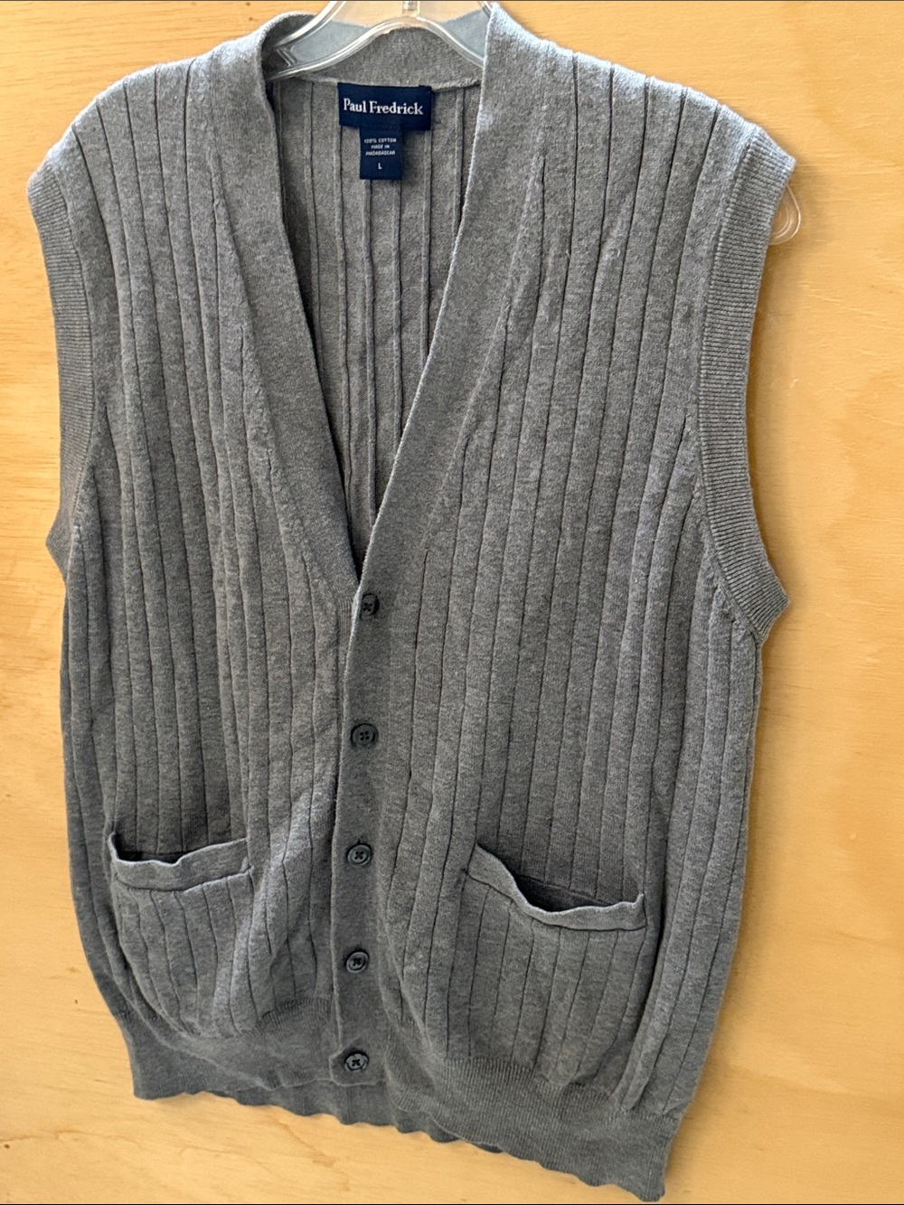 Paul Fredrick Gray Ribbed Button Down Cotton Vest With Pockets size L